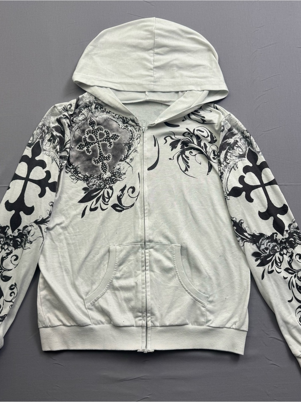 White Black y2k Graphic Cross Rhinestone Full Zip Hoodie Woman's grunge, goth